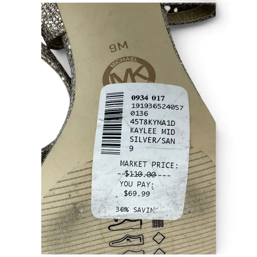 Michael Kors Kaylee Mid Heel Strappy Sandals Gold Sand + Silver Glitter Size 9